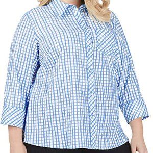 Foxcroft Women's Hampton Plus Size Button Up blue crinkle 14W NWT